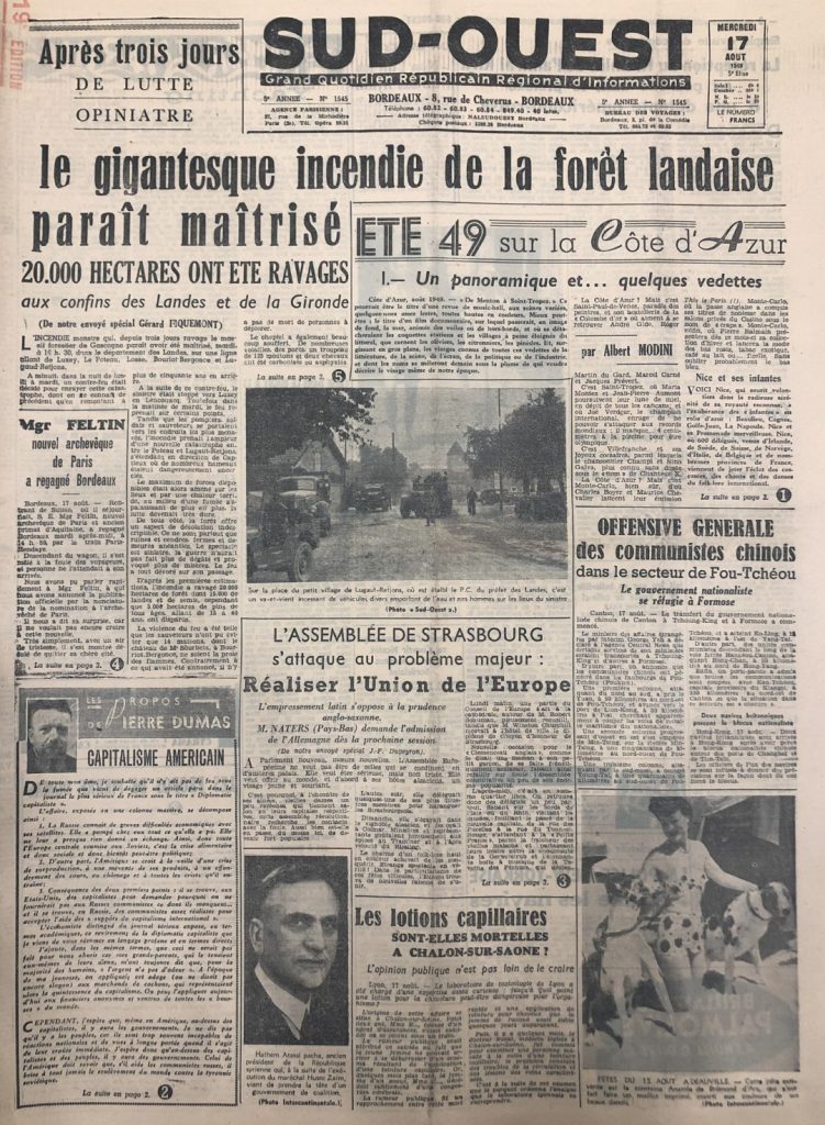 La une du quotidien régional Sud-Ouest le 17 août 1949.