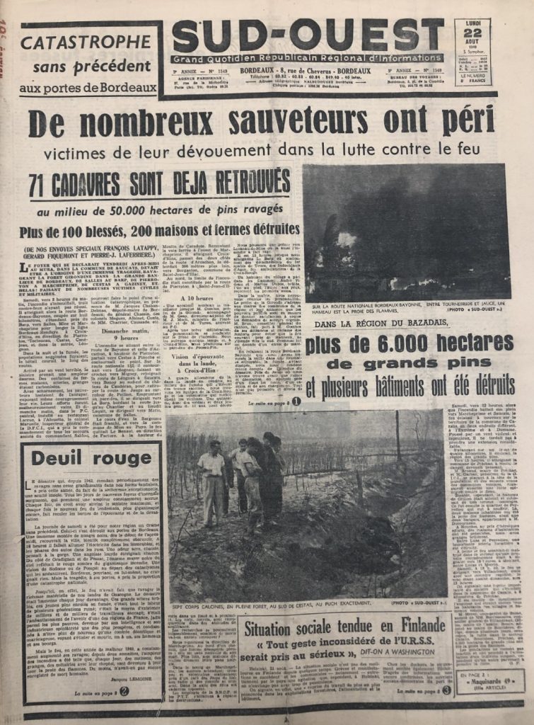 La une du quotidien régional Sud-Ouest le 22 août 1949.