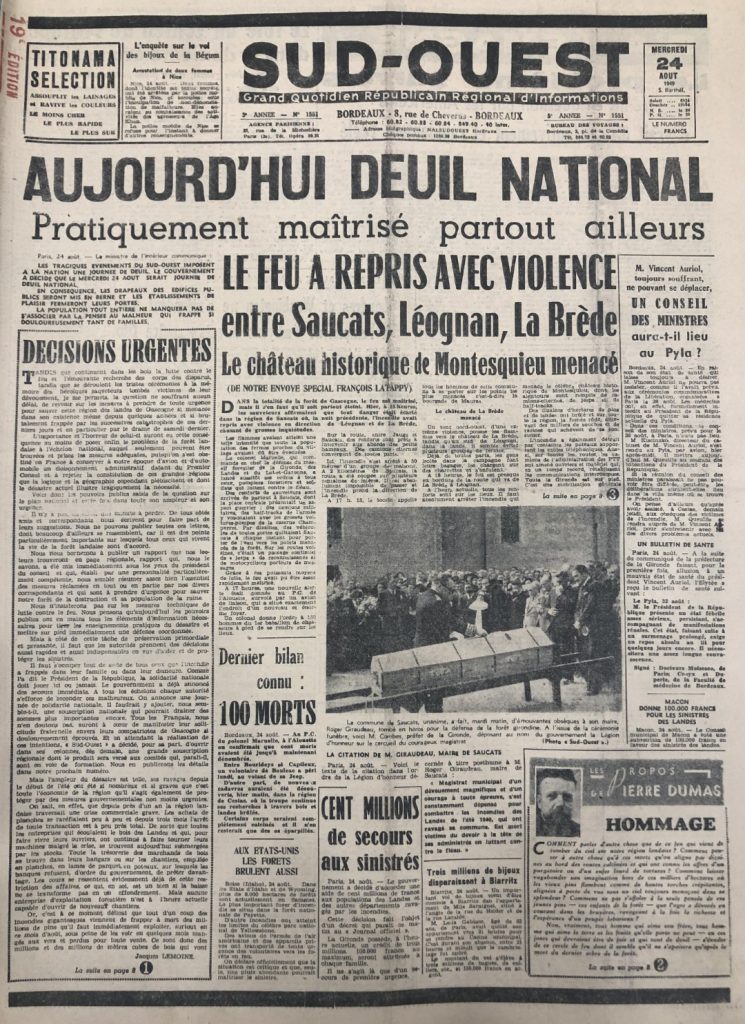 La une du quotidien régional Sud-Ouest le 24 août 1949.