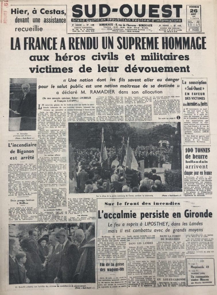 La une du quotidien régional Sud-Ouest le 26 août 1949.