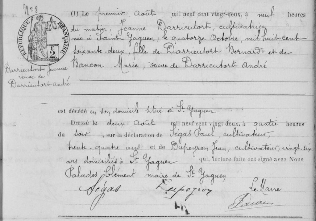 L'acte de décès de Jeanne Darrieutort (source : Archives départementales des Landes).
