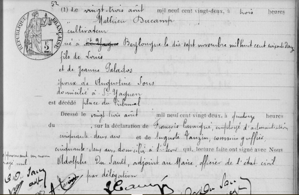 L'acte de décès de Mathieu Ducamp (Source : Archives départementales des Landes).